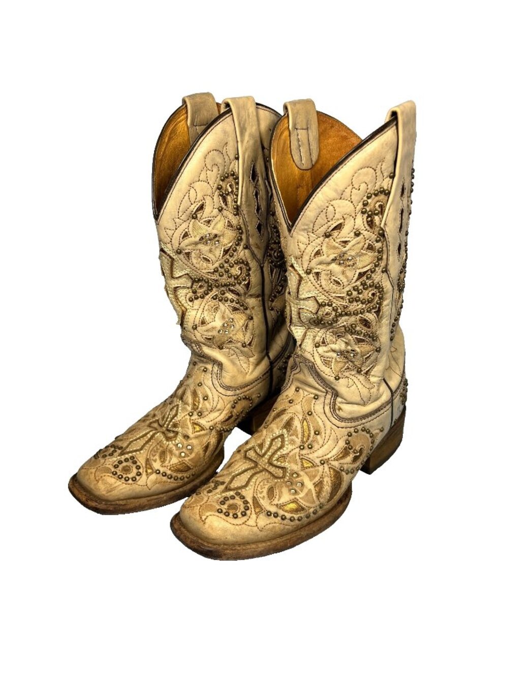 CORRAL Women's Tan Leather Embroidered Gold Cross/Studs Western Boots Size 7